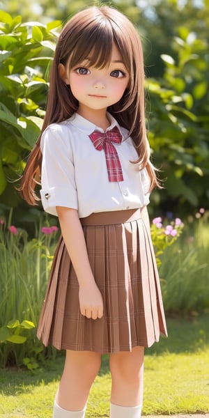 ((6year old girl:1.5)), loli, petite girl,  whole body, children's body, beautiful shining body, bangs,((brown hair:1.3)),high eyes,(brown eyes), petite,tall eyes, beautiful girl with fine details, Beautiful and delicate eyes, detailed face, Beautiful eyes,natural light,((realism: 1.2 )), dynamic far view shot,cinematic lighting, perfect composition, by sumic.mic, ultra detailed, official art, masterpiece, (best quality:1.3), reflections, extremely detailed cg unity 8k wallpaper, detailed background, masterpiece, best quality , (masterpiece), (best quality:1.4), (ultra highres:1.2), (hyperrealistic:1.4), (photorealistic:1.2), best quality, high quality, highres, detail enhancement,((straight hair,long hair:1.4)),
((tareme,animated eyes, big eyes,droopy eyes:1.2)),Random poses((random expression)),((White blouse, beige tartan check pleated skirt)),1girl