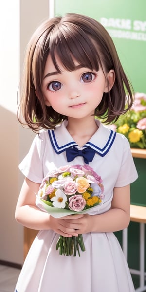 ((6year old girl:1.5)), ((Portrait)),1girl, loli, petite girl,  whole body, children's body, beautiful shining body, bangs,((darkbrown hair:1.3)),high eyes,(aquamarine eyes), petite,tall eyes, beautiful girl with fine details, ((Beautiful and delicate eyes,Beautiful eyes:1.4)), detailed face, natural light,((realism: 1.2 )), dynamic far view shot,cinematic lighting, perfect composition, by sumic.mic, ultra detailed, official art, masterpiece, (best quality:1.3), reflections, extremely detailed cg unity 8k wallpaper, detailed background, masterpiece, best quality , (masterpiece), (best quality:1.4), (ultra highres:1.2), (hyperrealistic:1.4), (photorealistic:1.2), best quality, high quality, highres, detail enhancement, ((very short hair:1.4)),
((tareme,animated eyes, big eyes,droopy eyes:1.2)),((random expression)),,random Angle,((school uniform:1.4)),((thick eyebrows:1.1)),perfect,((manga like visual)),((little girl with a bouquet of flowers:1.4)),perfect light, ((light smile:1.4))