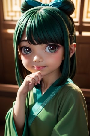 ((6year old girl:1.5)), loli, petite girl, Portrait, children's body, beautiful shining body, (( bangs)),high eyes,(brown eyes:1.4), petite,tall eyes, beautiful girl with fine details, Beautiful and delicate eyes, detailed face, Beautiful eyes,natural light,((realism: 1.2 )), dynamic far view shot,cinematic lighting, perfect composition, by sumic.mic, ultra detailed, official art, masterpiece, (best quality:1.3), reflections, extremely detailed cg unity 8k wallpaper, detailed background, masterpiece, best quality , (masterpiece), (best quality:1.4), (ultra highres:1.2), (hyperrealistic:1.4), (photorealistic:1.2), best quality, high quality, highres, detail enhancement, 
((tareme,animated eyes, big eyes,droopy eyes:1.2)),deformed Anime ,smirk,
1girl hair ribbon hair ornament, hanfu green shirt wide sleeves red skirt long skirt ,  indoors, east asian architecture,((hair ribbon hair ornament,bun)),((Portrait)),maomao,((Dark green hair:1.4)),
shangfu,lady in waiting,jinshi,[[[freckles]]]