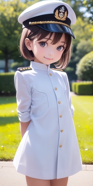 ((6year old girl:1.5)), ((flat chest:1.3)),1girl, loli, petite girl,  whole body, children's body, beautiful shining body, bangs,((darkbrown hair:1.3)),high eyes,(aquamarine eyes), petite,tall eyes, beautiful girl with fine details, Beautiful and delicate eyes, detailed face, Beautiful eyes,natural light,((realism: 1.2 )), dynamic far view shot,cinematic lighting, perfect composition, by sumic.mic, ultra detailed, official art, masterpiece, (best quality:1.3), reflections, extremely detailed cg unity 8k wallpaper, detailed background, masterpiece, best quality , (masterpiece), (best quality:1.4), (ultra highres:1.2), (hyperrealistic:1.4), (photorealistic:1.2), best quality, high quality, highres, detail enhancement,
((bright lighting:1.3)),((tareme,animated eyes, big eyes,droopy eyes:1.2)),((smile expression)),((Military uniform for naval officers))chinamoeka,china moeka, long hair, brown hair,BREAK hair ornament, hat, hairclip, uniform, military, military uniform, peaked cap, naval uniform, (white uniform:1.5),BREAK outdoors, ship, navy,BREAK looking at viewer, (cowboy shot:1.5),