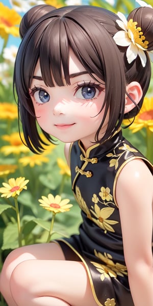 ((6 year old girl:1.3)), cartoon style visuals, complete anatomy, ((child body:1.4)),
full body, 1 girl, childlike body,  petite,

((bun:1.4)),brown hair, bangs,aquamarine eyes, detailed face, droopy eyes, super detailed,
perfect face, (bright lighting:1.2), beautiful detailed eyes, highly detailed face,


((Black Chinese dress, gold embroidery, close-up of face:1.2)),(( Flower Background:1.4)),

front view, looking at viewer,((v-shaped eyebrows:1.3)),((smirk expressions:1.4)),Random Angles,

best quality, masterpiece, natural light, (RAW photo, best quality, masterpiece:1.2),
ray traced reflections, photon mapping, ultra high resolution, 8k image, depth of field