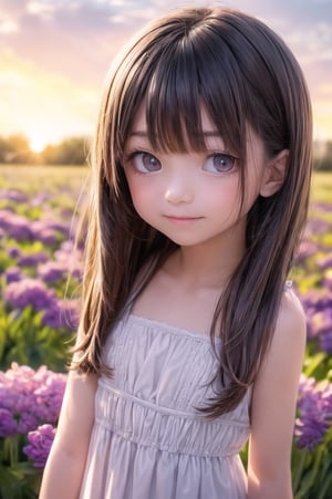 A dreamy girl in a sundress is looking up at the sky while walking through a field of wildflowers with a gentle breeze at sunset. Watercolor illustration, anime her style portrait of a teenage girl with sparkling blue eyes and a gentle smile,

(9year old girl:1.5),((small breasts)),
beautiful detailed eyes, complete anatomy,
  loli, (realism: 1.2),russian girl,
beautiful girl with fine details,  detailed face, beautiful shining body,
 1 girl, ((purple eyes,tall eyes, Big eyes)), 
 random angles, ((child body: 1.2)),
 bangs,detailed face,  super detailed, 
perfect face, (bright lighting: 1.2), (highly detailed face:1.4),
morning light, happiness, Best Quality, Masterpiece, Natural Light,
 ultra-high resolution, 16k images, depth of field,masterpiece,best quality,