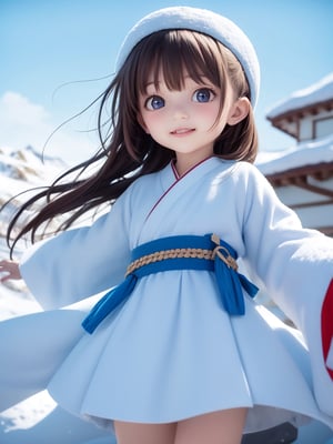 ((snowfield,snow scene)),(((wide Blue headband ))),(white fur ),bouncing hair,((Ainu folk costume:1.4)),(snow mountain blue sky:1.4),  black hair, pale white skin,((6year old girl:1.5)), 1 girl, loli, petite girl, complete anatomy, whole body, children's body, child, super cute, girl, little girl, beautiful girl, beautiful shining body, bangs,brown hair,high eyes,(aquamarine eyes), drooping eyes, petite,tall eyes, beautiful girl with fine details, Beautiful and delicate eyes, detailed face, Beautiful eyes, beautiful shining body, Smiles, happiness, Whole body angle, Alps,  outdoor, natural light,((realism: 1.2)), dynamic far view shot,cinematic lighting, perfect composition, by sumic.mic, ultra detailed, official art, masterpiece, (best quality:1.3), reflections, extremely detailed cg unity 8k wallpaper, detailed background, masterpiece, best quality, (masterpiece), (best quality:1.4), (ultra highres:1.2), (hyperrealistic:1.4), (photorealistic:1.2), best quality, high quality, highres, detail enhancement,