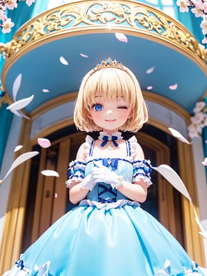 ((12year old girl:1.5)),1girl, loli, petite girl, Portrait, children's body, beautiful shining body, bangs,((blonde hair:1.3)),high eyes,(blue eyes), petite,tall eyes, beautiful girl with fine details, Beautiful and delicate eyes, detailed face, Beautiful eyes,((golden tiara with sapphire decoration)),((light blue gothic lolita ball gown:1.4)),((long skirt:1.7)),(( white neck ruffle, white frill)),((white tights)), blue shoes, ((white gloves with gold decoration)), natural light,((realism: 1.2 )), dynamic far view shot,cinematic lighting, perfect composition, by sumic.mic, ultra detailed, official art, masterpiece, (best quality:1.3), reflections, extremely detailed cg unity 8k wallpaper, detailed background, masterpiece, best quality , (masterpiece), (best quality:1.4), (ultra highres:1.2), (hyperrealistic:1.4), (photorealistic:1.2), best quality, high quality, highres, (short hair:1.4)),((tareme,animated eyes, big eyes,droopy eyes:1.2)),cherry tree,cherry blossoms,((Smile, eyes closed: 1.4)),(Cherry blossom background in full bloom:1.4)),perfect,hand,animemia,outdoor