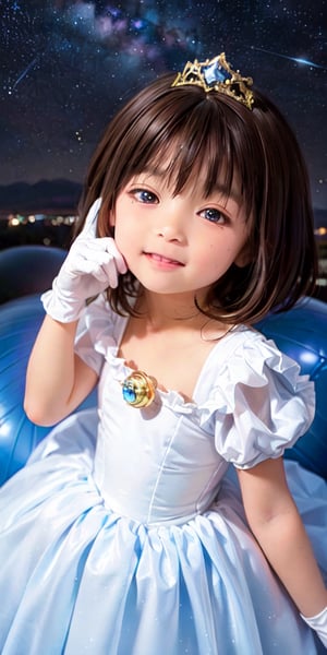 ((9year old girl:1.4)),1girl, beautiful shining body, bangs,((brown hair:1.3)),high eyes,(blue eyes), petite,tall eyes, beautiful girl with fine details, Beautiful and delicate eyes, detailed face, Beautiful eyes,((golden tiara with sapphire decoration)),((light blue gothic lolita ball gown:1.4)),((long skirt:1.4)),(( white neck ruffle, white frill)),((white tights)), blue shoes, ((white gloves with gold decoration)), natural light,((realism: 1.2 )), dynamic far view shot,cinematic lighting, perfect composition, by sumic.mic, ultra detailed, official art, masterpiece, (best quality:1.3), reflections, extremely detailed cg unity 8k wallpaper, detailed background, masterpiece, best quality , (masterpiece), (best quality:1.4), (ultra highres:1.2), (hyperrealistic:1.4), (photorealistic:1.2), best quality, high quality, highres, (short hair:1.4)),((tareme,animated eyes, big eyes,droopy eyes:1.2)),((Night sky, Milky Way, starry sky:1.4)),Upper Body,((Happiness, smile:1.2)),perfect,hand,animemia,outdoor,,((from above:1.4))