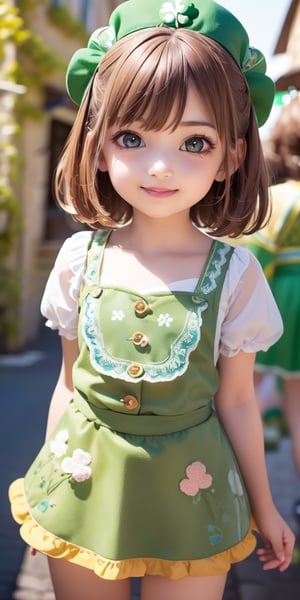 ((9year old girl)), ((solo,1girl:1.4)),((flat chest)),
 petite girl, whole body, children's body, beautiful shining body, bangs,((brown hair:1.3)),high eyes,(aquamarine eyes), petite,tall eyes, beautiful girl with fine details, Beautiful and delicate eyes, detailed face, Beautiful eyes,natural light,((realism: 1.2 )), dynamic far view shot,cinematic lighting, perfect composition, by sumic.mic, ultra detailed, official art, masterpiece, (best quality:1.3), reflections, extremely detailed cg unity 8k wallpaper, detailed background, masterpiece, best quality , (masterpiece), (best quality:1.4), (ultra highres:1.2), (hyperrealistic:1.4), (photorealistic:1.2), best quality, high quality, highres, detail enhancement,((very short hair:1.4)),
((tareme,animated eyes, big eyes,droopy eyes:1.2)),Random poses,((smile)),Realism,((St. Patrick's Day:1.4)),
 celts,((European townscape, European white folk costume, clover embroidery)),bg_imgs, 
