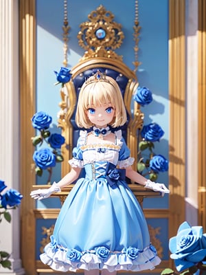 ((12year old girl:1.5)),1girl, loli, petite girl, Portrait, children's body, beautiful shining body, bangs,((blonde hair:1.3)),high eyes,(blue eyes), petite,tall eyes, beautiful girl with fine details, Beautiful and delicate eyes, detailed face, Beautiful eyes,((golden tiara with sapphire decoration)),((light blue gothic lolita ball gown:1.4)),((long skirt:1.7)),(( white neck ruffle, white frill)),((white tights)), blue shoes, ((white gloves with gold decoration)), natural light,((realism: 1.2 )), dynamic far view shot,cinematic lighting, perfect composition, by sumic.mic, ultra detailed, official art, masterpiece, (best quality:1.3), reflections, extremely detailed cg unity 8k wallpaper, detailed background, masterpiece, best quality , (masterpiece), (best quality:1.4), (ultra highres:1.2), (hyperrealistic:1.4), (photorealistic:1.2), best quality, high quality, highres, (short hair:1.4)),((tareme,animated eyes, big eyes,droopy eyes:1.2)),((cherry tree,cherry blossoms1.4)),((tsurime,v-shaped eyebrows,smirk:1.2)),,perfect,hand,animemia,outdoor,((Detailed rose, rose background, blue rose: 1.4))