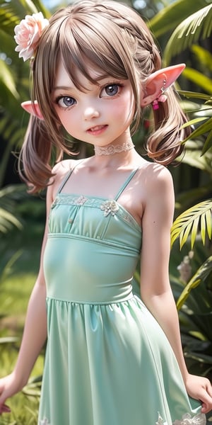 ((6 year old girl:1.4)),((flat chest)),complete anatomy, loli, beautiful girl with fine details,  detailed face, beautiful shining body,((Toddler body:1.3)),detailed face,  super detailed, perfect face, (highly detailed face:1.4),((elf ears, long ears)),choker,dagger,

beautiful detailed eyes, ((tall eyes, Big eyes)), aquamarine eyes, 
 
blond hair, bangs,((short hair:1.4)),
Floral hair ornament,
 1 girl, ((pastel green maxi dress)), ((forest background)), random angles, morning light, (bright lighting:1.2), ((happiness)), Natural Light,realhands, 

(realism:1.2),
Best Quality, Masterpiece, 
(RAW Photo, Best Quality, Masterpiece:1.2), Ray-traced reflections, photon mapping,
 ultra-high resolution, 16k images, depth of field,AIDA_LoRA_BelK