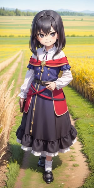 ((12year old girl:1.5)), black hair, short hair,complete anatomy, , little girl, random poses,random angles, wheat field, golden wheat field, embroidery,((long dress:1.4)),  folk costumes,  beautiful girl, 1 girl, petite girl, top quality, masterpiece,(realism: 1.2)), petite, bangs,(black eyes),bangs, beautiful girl with fine details, Beautiful and delicate eyes, Beautiful girl, detailed face, Beautiful eyes, beautiful shining body, 8K images, wind-blown wheat fields,((Portrait:1.2)),Pose walking through a wheat field,Realism, shining wheat field,kaoru,((tsurime,v-shaped eyebrows,smirk:1.1)),full body,brown shoes