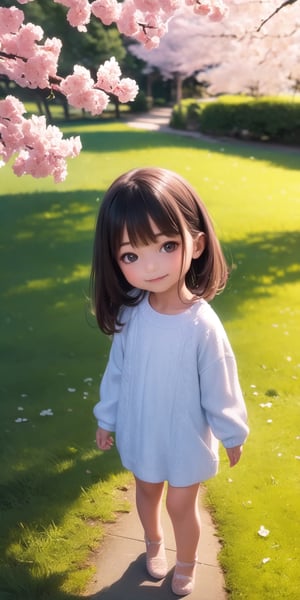 ((6year old girl:1.5)), 1 girl, loli, petite girl, complete anatomy, whole body, children's body, child, super cute, girl, little girl, beautiful girl, beautiful shining body, bangs,brown hair,high eyes,(aquamarine eyess), drooping eyes, petite,tall eyes, beautiful girl with fine details, Beautiful and delicate eyes, detailed face, Beautiful eyes, beautiful shining body, Smiles, happiness, Whole body angle, Alps, Shepherd's daughter, mountain girl, outdoor, autumn alps, natural light,((realism: 1.2)), dynamic far view shot,cinematic lighting, perfect composition, by sumic.mic, ultra detailed, official art, masterpiece, (best quality:1.3), reflections, extremely detailed cg unity 8k wallpaper, detailed background, masterpiece, best quality, (masterpiece), (best quality:1.4), (ultra highres:1.2), (hyperrealistic:1.4), (photorealistic:1.2), best quality, high quality, highres, detail enhancement,((Cherry Blossoms)),spring clothes,perfect,Fleece jacket, Shorts, tights,