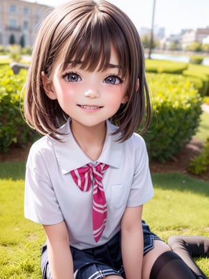 ((6 year old girl: 1.5)), brown hair, short hair, perfect anatomy, girl, random pose, random angle, Beautiful girl, Only daughter, Petite girl, Finest, Masterpiece, (Reality 1.2)), Petite, Bangs, (aquamarine eyes), Bangs, Beautiful girl with attention to detail , Beautiful girl with beautiful delicate eyes, detailed face, beautiful eyes, shining beautiful body, 8K image, ((portrait: 1.2)), Real, Kaoru, ((firm V-shaped eyebrows: 1.2)), (( Smile:1.1)), whole body, brown shoes,Anime school uniform,((school uniform:1.4))