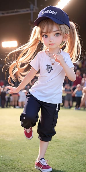 blue gradient hair(very long hair, curly_hair),long ponytail,hiphop dancer,wearing all black clothes (loose fit top and wide cargo pants),sneakers,accessories(necklace,ear_rings)baseball cap,   cowboy_shot,light pink_hair,brown hair,
((12 year old girl:1.4)),beautiful detailed eyes, complete anatomy, (realism: 1.2), beautiful girl with fine details, detailed face, beautiful shining body, 1 girl, (( aquamarine eyes, tall eyes, Big eyes)), random angles, bangs, detailed face, super detailed, perfect face, (highly detailed face:1.4), happiness, Best Quality, Masterpiece, Natural Light, (RAW Photo, Best Quality, Masterpiece: 1.2), Ray-traced reflections, photon mapping, ultra-high resolution, 16k images, depth of field,masterpiece,best quality,(complex light),((Disco, in the spotlight)), colored inner hair,((Crowd of people background))