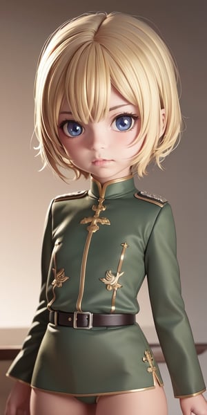 ((10year old girl:1.5)), 1girl, loli, petite girl, children's body, beautiful shining body,petite,beautiful girl with fine details,detailed face,
bangs,((blonde hair:1.3)),((very short hair:1.4)),
high eyes,(aquamarine eyes),tall eyes,Beautiful and delicate eyes,  Beautiful eyes,((tareme,animated eyes, big eyes,droopy eyes:1.2)),
military uniform,old german military uniform,
 whole body,natural light,
((realism: 1.2 )), dynamic far view shot,cinematic lighting, perfect composition, by sumic.mic, ultra detailed, official art, masterpiece, (best quality:1.3), reflections, extremely detailed cg unity 8k wallpaper, detailed background, masterpiece, best quality , (masterpiece), (best quality:1.4), (ultra highres:1.2), (hyperrealistic:1.4), (photorealistic:1.2), best quality, high quality, highres, detail enhancement,((manga like visual)),
,ahoge, shirt, closed mouth, military uniform, extremely delicate and beautiful, (beautiful detailed face:1.0), (detailed deep eyes), deep eyes,(dark shot:1.17), epic realistic, faded, ((neutral colors)), art, (hdr:1.5), (muted colors:1.2), hyperdetailed, (artstation:1.5), cinematic, warm lights, dramatic light, (intricate details:1.1), complex background, (rutkowski:0.8), (teal and orange:0.4),full body