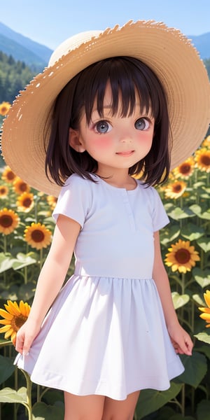 ((6year old girl:1.5)), 1 girl, loli, petite girl, complete anatomy, whole body, children's body, child, super cute, girl, little girl, beautiful girl, beautiful shining body, bangs,brown hair,high eyes,(aquamarine eyess), drooping eyes, petite,tall eyes, beautiful girl with fine details, Beautiful and delicate eyes, detailed face, Beautiful eyes, beautiful shining body, Smiles, happiness, ((one hat)), Whole body angle, Alps, Straw hat, white dress, short length dress,sunflower field, outdoor, alpine meadow,alps, natural light,((realism: 1.2)), dynamic far view shot,cinematic lighting, perfect composition, by sumic.mic, ultra detailed, official art, masterpiece, (best quality:1.3), reflections, extremely detailed cg unity 8k wallpaper, detailed background, masterpiece, best quality, (masterpiece), (best quality:1.4), (ultra highres:1.2), (hyperrealistic:1.4), (photorealistic:1.2), best quality, high quality, highres, detail enhancement,masterpiece,