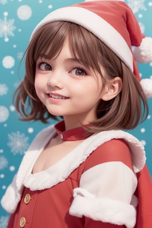 ((6year old girl:1.5)), ((flat chest: 1.3)),1girl, loli, petite girl,  Portrait, children's body, beautiful shining body, bangs,((darkbrown hair:1.3)),high eyes,(aquamarine eyes), petite,tall eyes, beautiful girl with fine details, Beautiful and delicate eyes, detailed face, Beautiful eyes,natural light,((realism: 1.2 )), dynamic far view shot,cinematic lighting, perfect composition, by sumic.mic, ultra detailed, official art, masterpiece, (best quality:1.3), reflections, extremely detailed cg unity 8k wallpaper, detailed background, masterpiece, best quality , (masterpiece), (best quality:1.4), (ultra highres:1.2), (hyperrealistic:1.4), (photorealistic:1.2), best quality, high quality, highres, detail enhancement,((very short hair:1.4)),
((tareme,animated eyes, big eyes,droopy eyes:1.2)),((smile expression)),random Angle,(( floral pattern background:1.3)),thick eyebrows,((coat, muffler,Santa costume:1.4))