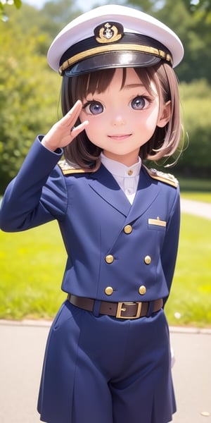 ((6year old girl:1.5)), ((flat chest:1.3)),1girl, loli, petite girl,  whole body, children's body, beautiful shining body, bangs,((darkbrown hair:1.3)),high eyes,(aquamarine eyes), petite,tall eyes, beautiful girl with fine details, Beautiful and delicate eyes, detailed face, Beautiful eyes,natural light,((realism: 1.2 )), dynamic far view shot,cinematic lighting, perfect composition, by sumic.mic, ultra detailed, official art, masterpiece, (best quality:1.3), reflections, extremely detailed cg unity 8k wallpaper, detailed background, masterpiece, best quality , (masterpiece), (best quality:1.4), (ultra highres:1.2), (hyperrealistic:1.4), (photorealistic:1.2), best quality, high quality, highres, detail enhancement,
((bright lighting:1.3)),((tareme,animated eyes, big eyes,droopy eyes:1.2)),((smile expression)),((Military uniform for naval officers))chinamoeka,china moeka, long hair, brown hair,BREAK hair ornament, hat, hairclip, uniform, military, military uniform, peaked cap, naval uniform, (white uniform:1.5),BREAK outdoors, ship, navy,BREAK looking at viewer, (cowboy shot:1.5),,((salute pose:1.4))