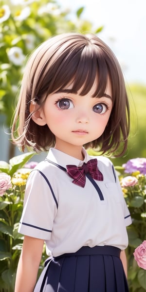 ((6year old girl:1.5)), ((Portrait)),1girl, loli, petite girl,  whole body, children's body, beautiful shining body, bangs,((darkbrown hair:1.3)),high eyes,(aquamarine eyes), petite,tall eyes, beautiful girl with fine details, ((Beautiful and delicate eyes,Beautiful eyes:1.4)), detailed face, natural light,((realism: 1.2 )), dynamic far view shot,cinematic lighting, perfect composition, by sumic.mic, ultra detailed, official art, masterpiece, (best quality:1.3), reflections, extremely detailed cg unity 8k wallpaper, detailed background, masterpiece, best quality , (masterpiece), (best quality:1.4), (ultra highres:1.2), (hyperrealistic:1.4), (photorealistic:1.2), best quality, high quality, highres, detail enhancement, ((very short hair:1.4)),
((tareme,animated eyes, big eyes,droopy eyes:1.2)),((random expression)),,random Angle,((school uniform:1.4)),((thick eyebrows:1.1)),perfect,((manga like visual)),((little girl with a bouquet of flowers:1.4)),perfect light