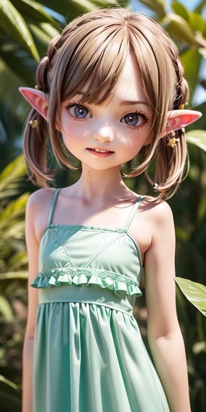 ((6 year old girl:1.4)),((flat chest)),complete anatomy, loli, beautiful girl with fine details,  detailed face, beautiful shining body,((Toddler body:1.3)),detailed face,  super detailed, perfect face, (highly detailed face:1.4),((elf ears, long ears)),choker,dagger,

beautiful detailed eyes, ((tall eyes, Big eyes)), aquamarine eyes, 
 
blond hair, bangs,((short hair:1.4)),
Floral hair ornament,
 1 girl, ((pastel green maxi dress)), ((forest background)), random angles, morning light, (bright lighting:1.2), ((happiness)), Natural Light,realhands, 

(realism:1.2),
Best Quality, Masterpiece, 
(RAW Photo, Best Quality, Masterpiece:1.2), Ray-traced reflections, photon mapping,
 ultra-high resolution, 16k images, depth of field,AIDA_LoRA_BelK