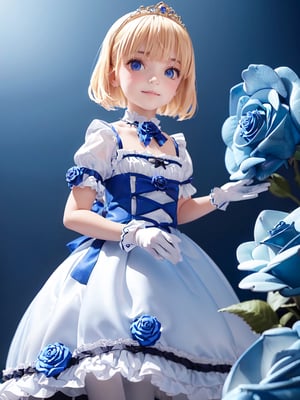 ((12year old girl:1.5)),1girl, loli, petite girl, Portrait, children's body, beautiful shining body, bangs,((blonde hair:1.3)),high eyes,(blue eyes), petite,tall eyes, beautiful girl with fine details, Beautiful and delicate eyes, detailed face, Beautiful eyes,((golden tiara with sapphire decoration)),((light blue gothic lolita ball gown:1.4)),((long skirt:1.7)),(( white neck ruffle, white frill)),((white tights)), blue shoes, ((white gloves with gold decoration)), natural light,((realism: 1.2 )), dynamic far view shot,cinematic lighting, perfect composition, by sumic.mic, ultra detailed, official art, masterpiece, (best quality:1.3), reflections, extremely detailed cg unity 8k wallpaper, detailed background, masterpiece, best quality , (masterpiece), (best quality:1.4), (ultra highres:1.2), (hyperrealistic:1.4), (photorealistic:1.2), best quality, high quality, highres, (short hair:1.4)),((tareme,animated eyes, big eyes,droopy eyes:1.2)),((cherry tree,cherry blossoms1.4)),((tsurime,v-shaped eyebrows,smirk:1.2)),,perfect,hand,animemia,outdoor,((Detailed rose, rose background, blue rose: 1.4))