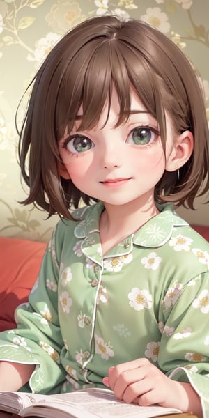 ((6year old girl:1.5)),1girl,whole body, beautiful shining body, bangs,((brown　hair:1.3)),high eyes,(aquamarine eyes),tall eyes, beautiful girl with fine details, Beautiful and delicate eyes, detailed face, Beautiful eyes,natural light,((realism: 1.2 )), dynamic far view shot,cinematic lighting, perfect composition, by sumic.mic, ultra detailed, official art, masterpiece, (best quality:1.3), reflections, extremely detailed cg unity 8k wallpaper, detailed background, masterpiece, best quality , (masterpiece), (best quality:1.4), (ultra highres:1.2), (hyperrealistic:1.4), (photorealistic:1.2), best quality, high quality, highres, detail enhancement,
((short hair)),((bright lighting:1.3)),((tareme,animated eyes, big eyes,droopy eyes:1.2)),((smile expression:1.4)),((Light green pajamas:1.4)),perfect,hand,((Luxury hotel:1.4)),More Detail,((Floral background: 1.4)),Realism,((reading a book,on the bed:1.4)),((random angle: 1.4))