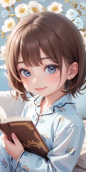 ((6year old girl:1.5)),1girl,whole body, beautiful shining body, bangs,((brown　hair:1.3)),high eyes,(aquamarine eyes),tall eyes, beautiful girl with fine details, Beautiful and delicate eyes, detailed face, Beautiful eyes,natural light,((realism: 1.2 )), dynamic far view shot,cinematic lighting, perfect composition, by sumic.mic, ultra detailed, official art, masterpiece, (best quality:1.3), reflections, extremely detailed cg unity 8k wallpaper, detailed background, masterpiece, best quality , (masterpiece), (best quality:1.4), (ultra highres:1.2), (hyperrealistic:1.4), (photorealistic:1.2), best quality, high quality, highres, detail enhancement,
((short hair)),((bright lighting:1.3)),((tareme,animated eyes, big eyes,droopy eyes:1.2)),((smile expression:1.4)),((Light Blue pajamas:1.4)),perfect,hand,((Luxury hotel:1.4)),More Detail,((Floral background: 1.4)),Realism,((reading a book,on the bed:1.4)),((random angle: 1.4))
