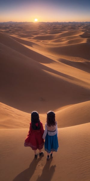 Masterpiece, highest quality, (desert, dunes, dusk), hiking together, (2 girls), (6 year old girl), Arab folk costume, Arab person, Arab girl, sunset, (front), smile, Angle overlooking the city from the top of the hill,camel, caravan