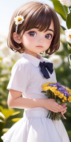 ((6year old girl:1.5)), ((Portrait)),1girl, loli, petite girl,  whole body, children's body, beautiful shining body, bangs,((darkbrown hair:1.3)),high eyes,(aquamarine eyes), petite,tall eyes, beautiful girl with fine details, ((Beautiful and delicate eyes,Beautiful eyes:1.4)), detailed face, natural light,((realism: 1.2 )), dynamic far view shot,cinematic lighting, perfect composition, by sumic.mic, ultra detailed, official art, masterpiece, (best quality:1.3), reflections, extremely detailed cg unity 8k wallpaper, detailed background, masterpiece, best quality , (masterpiece), (best quality:1.4), (ultra highres:1.2), (hyperrealistic:1.4), (photorealistic:1.2), best quality, high quality, highres, detail enhancement, ((very short hair:1.4)),
((tareme,animated eyes, big eyes,droopy eyes:1.2)),((random expression)),,random Angle,((school uniform:1.4)),((thick eyebrows:1.1)),perfect,((manga like visual)),((little girl with a bouquet of flowers:1.4)),perfect light