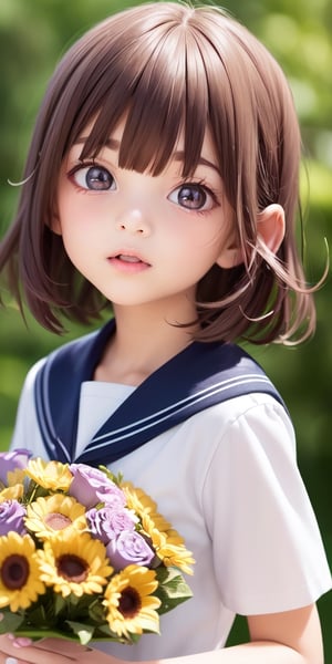 ((6year old girl:1.5)), ((Portrait)),1girl, loli, petite girl,  whole body, children's body, beautiful shining body, bangs,((darkbrown hair:1.3)),high eyes,(aquamarine eyes), petite,tall eyes, beautiful girl with fine details, ((Beautiful and delicate eyes,Beautiful eyes:1.4)), detailed face, natural light,((realism: 1.2 )), dynamic far view shot,cinematic lighting, perfect composition, by sumic.mic, ultra detailed, official art, masterpiece, (best quality:1.3), reflections, extremely detailed cg unity 8k wallpaper, detailed background, masterpiece, best quality , (masterpiece), (best quality:1.4), (ultra highres:1.2), (hyperrealistic:1.4), (photorealistic:1.2), best quality, high quality, highres, detail enhancement, ((very short hair:1.4)),
((tareme,animated eyes, big eyes,droopy eyes:1.2)),((random expression)),,random Angle,((school uniform:1.4)),((thick eyebrows:1.1)),perfect,((manga like visual)),((little girl with a bouquet of flowers:1.4)),perfect light