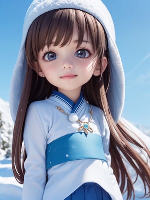 ((snowfield,snow scene)),(((wide Blue headband ))),(white fur ),bouncing hair,((Ainu folk costume:1.4)),(snow mountain blue sky:1.4),  black hair, pale white skin,((6year old girl:1.5)), 1 girl, loli, petite girl, complete anatomy, whole body, children's body, child, super cute, girl, little girl, beautiful girl, beautiful shining body, bangs,brown hair,high eyes,(aquamarine eyes), drooping eyes, petite,tall eyes, beautiful girl with fine details, Beautiful and delicate eyes, detailed face, Beautiful eyes, beautiful shining body, Smiles, happiness, Whole body angle, Alps,  outdoor, natural light,((realism: 1.2)), dynamic far view shot,cinematic lighting, perfect composition, by sumic.mic, ultra detailed, official art, masterpiece, (best quality:1.3), reflections, extremely detailed cg unity 8k wallpaper, detailed background, masterpiece, best quality, (masterpiece), (best quality:1.4), (ultra highres:1.2), (hyperrealistic:1.4), (photorealistic:1.2), best quality, high quality, highres, detail enhancement,
