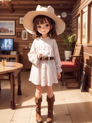 ((6 year old girl: 1.5)), 1 girl, loli, petite girl, complete anatomy, whole body, child's body, child, super cute, girl, little girl, beautiful girl, beautiful shining body, bangs, brown hair, back high eyes, (aquamarine eyes), droopy eyes, petite, tall eyes, beautiful girl with beautiful details, beautiful delicate eyes, detailed face, beautiful eyes, beautiful shining body, smile, happiness, full body angle, old days House in the American West,  Inside the Room,  Fireplace, ((western boots, Cowboy Hat: 1.5)),black belt,
((Realism: 1.2)), Dynamic long shots, Cinematic lighting, Perfect composition, Highly detailed, Official art, Masterpiece by Sumic.mic, (Top quality: 1.3), Reflections, Highly detailed CG Unity 8k Wallpaper, Detailed Background, Masterpiece , Best Quality, (Masterpiece), (Best Quality: 1.4), (Ultra High Resolution: 1.2), (Hyper Realistic: 1.4), (Photorealistic: 1.1), Best quality, high quality, high resolution, detail emphasis,((Log house room: 1.4)),masterpiece