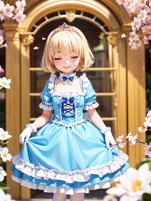 ((12year old girl:1.5)),1girl, loli, petite girl, Portrait, children's body, beautiful shining body, bangs,((blonde hair:1.3)),high eyes,(blue eyes), petite,tall eyes, beautiful girl with fine details, Beautiful and delicate eyes, detailed face, Beautiful eyes,((golden tiara with sapphire decoration)),((light blue gothic lolita ball gown:1.4)),((long skirt:1.7)),(( white neck ruffle, white frill)),((white tights)), blue shoes, ((white gloves with gold decoration)), natural light,((realism: 1.2 )), dynamic far view shot,cinematic lighting, perfect composition, by sumic.mic, ultra detailed, official art, masterpiece, (best quality:1.3), reflections, extremely detailed cg unity 8k wallpaper, detailed background, masterpiece, best quality , (masterpiece), (best quality:1.4), (ultra highres:1.2), (hyperrealistic:1.4), (photorealistic:1.2), best quality, high quality, highres, (short hair:1.4)),((tareme,animated eyes, big eyes,droopy eyes:1.2)),cherry tree,cherry blossoms,((Smile, eyes closed: 1.4)),(Cherry blossom background in full bloom:1.4)),perfect,hand,((Tearmoon Empire Story)),((Mia Luna Tier Moon)),animemia,outdoor