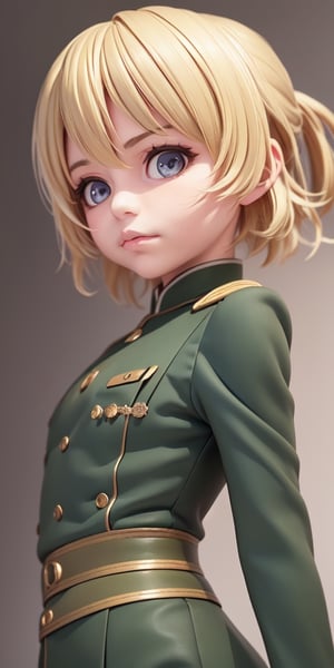 ((10year old girl:1.5)), 1girl, loli, petite girl, children's body, beautiful shining body,petite,beautiful girl with fine details,detailed face,
bangs,((blonde hair:1.3)),((very short hair:1.4)),
high eyes,(aquamarine eyes),tall eyes,Beautiful and delicate eyes,  Beautiful eyes,((tareme,animated eyes, big eyes,droopy eyes:1.2)),
military uniform,old german military uniform,
 whole body,natural light,
((realism: 1.2 )), dynamic far view shot,cinematic lighting, perfect composition, by sumic.mic, ultra detailed, official art, masterpiece, (best quality:1.3), reflections, extremely detailed cg unity 8k wallpaper, detailed background, masterpiece, best quality , (masterpiece), (best quality:1.4), (ultra highres:1.2), (hyperrealistic:1.4), (photorealistic:1.2), best quality, high quality, highres, detail enhancement,((manga like visual)),
,ahoge, shirt, closed mouth, military uniform, extremely delicate and beautiful, (beautiful detailed face:1.0), (detailed deep eyes), deep eyes,(dark shot:1.17), epic realistic, faded, ((neutral colors)), art, (hdr:1.5), (muted colors:1.2), hyperdetailed, (artstation:1.5), cinematic, warm lights, dramatic light, (intricate details:1.1), complex background, (rutkowski:0.8), (teal and orange:0.4),full body