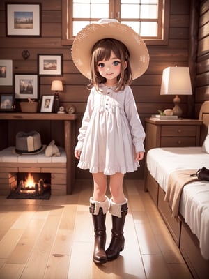 ((6 year old girl: 1.5)), 1 girl, loli, petite girl, complete anatomy, whole body, child's body, child, super cute, girl, little girl, beautiful girl, beautiful shining body, bangs, brown hair, back high eyes, (aquamarine eyes), droopy eyes, petite, tall eyes, beautiful girl with beautiful details, beautiful delicate eyes, detailed face, beautiful eyes, beautiful shining body, smile, happiness, full body angle, old days House in the American West,  Inside the Room,  Fireplace, ((western boots, Cowboy Hat: 1.5)),black belt,
((Realism: 1.2)), Dynamic long shots, Cinematic lighting, Perfect composition, Highly detailed, Official art, Masterpiece by Sumic.mic, (Top quality: 1.3), Reflections, Highly detailed CG Unity 8k Wallpaper, Detailed Background, Masterpiece , Best Quality, (Masterpiece), (Best Quality: 1.4), (Ultra High Resolution: 1.2), (Hyper Realistic: 1.4), (Photorealistic: 1.1), Best quality, high quality, high resolution, detail emphasis,((Log house room: 1.4)),masterpiece