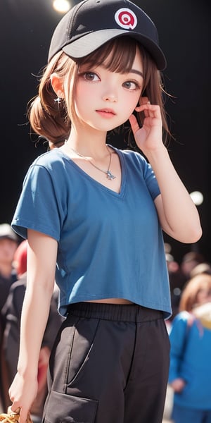 blue gradient hair(very long hair, curly_hair),long ponytail,hiphop dancer,wearing all black clothes (loose fit top and wide cargo pants),sneakers,accessories(necklace,ear_rings)baseball cap,   cowboy_shot,light pink_hair,brown hair,
((20 year old girl:1.4)),beautiful detailed eyes, complete anatomy, (realism: 1.2), beautiful girl with fine details, detailed face, beautiful shining body, 1 girl, (( aquamarine eyes, tall eyes, Big eyes)), random angles, bangs, detailed face, super detailed, perfect face, (highly detailed face:1.4), happiness, Best Quality, Masterpiece, Natural Light, (RAW Photo, Best Quality, Masterpiece: 1.2), Ray-traced reflections, photon mapping, ultra-high resolution, 16k images, depth of field,masterpiece,best quality,(complex light),((Disco, in the spotlight)), colored inner hair,((Crowd of people background))