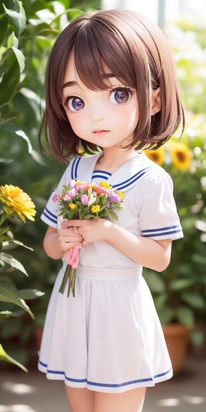 ((6year old girl:1.5)), ((Portrait)),1girl, loli, petite girl,  whole body, children's body, beautiful shining body, bangs,((darkbrown hair:1.3)),high eyes,(aquamarine eyes), petite,tall eyes, beautiful girl with fine details, ((Beautiful and delicate eyes,Beautiful eyes:1.4)), detailed face, natural light,((realism: 1.2 )), dynamic far view shot,cinematic lighting, perfect composition, by sumic.mic, ultra detailed, official art, masterpiece, (best quality:1.3), reflections, extremely detailed cg unity 8k wallpaper, detailed background, masterpiece, best quality , (masterpiece), (best quality:1.4), (ultra highres:1.2), (hyperrealistic:1.4), (photorealistic:1.2), best quality, high quality, highres, detail enhancement, ((very short hair:1.4)),
((tareme,animated eyes, big eyes,droopy eyes:1.2)),((random expression)),,random Angle,((school uniform:1.4)),((thick eyebrows:1.1)),perfect,((manga like visual)),((little girl with a bouquet of flowers:1.4)),perfect light