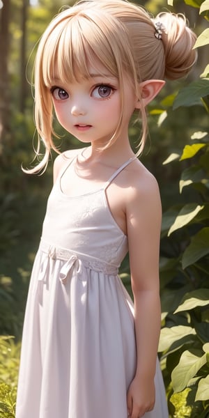 ((6 year old girl:1.4)),((flat chest)),complete anatomy, loli, beautiful girl with fine details,  detailed face, beautiful shining body,((Toddler body: 1.3)),detailed face,  super detailed, perfect face, (highly detailed face:1.4),((elf ears, long ears)),

beautiful detailed eyes, ((tall eyes, Big eyes)), aquamarine eyes, 
 
blond hair, bangs,((half updo hair:1.4)),
Floral hair ornament,
 1 girl, ((white maxi dress)), ((forest background)), random angles, morning light, (bright lighting: 1.2), happiness, Natural Light,realhands, 

(realism: 1.2),
Best Quality, Masterpiece, 
(RAW Photo, Best Quality, Masterpiece: 1.2), Ray-traced reflections, photon mapping,
 ultra-high resolution, 16k images, depth of field,