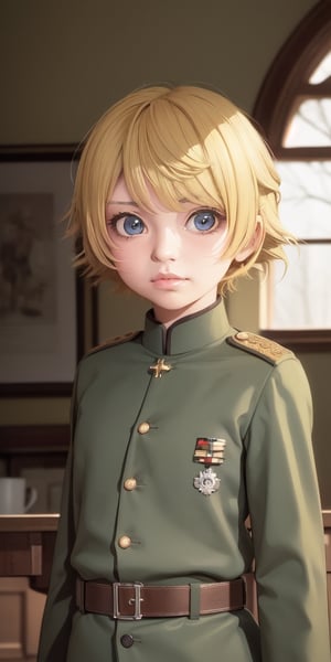 ((10year old girl:1.5)), 1girl, loli, petite girl, children's body, beautiful shining body,petite,beautiful girl with fine details,detailed face,
bangs,((blonde hair:1.3)),((very short hair:1.4)),
high eyes,(aquamarine eyes),tall eyes,Beautiful and delicate eyes,  Beautiful eyes,((tareme,animated eyes, big eyes,droopy eyes:1.2)),
military uniform,old german military uniform,
 whole body,natural light,
((realism: 1.2 )), dynamic far view shot,cinematic lighting, perfect composition, by sumic.mic, ultra detailed, official art, masterpiece, (best quality:1.3), reflections, extremely detailed cg unity 8k wallpaper, detailed background, masterpiece, best quality , (masterpiece), (best quality:1.4), (ultra highres:1.2), (hyperrealistic:1.4), (photorealistic:1.2), best quality, high quality, highres, detail enhancement,((manga like visual)),
,ahoge, shirt, closed mouth, military uniform, extremely delicate and beautiful, (beautiful detailed face:1.0), (detailed deep eyes), deep eyes,(dark shot:1.17), epic realistic, faded, ((neutral colors)), art, (hdr:1.5), (muted colors:1.2), hyperdetailed, (artstation:1.5), cinematic, warm lights, dramatic light, (intricate details:1.1), complex background, (rutkowski:0.8), (teal and orange:0.4)