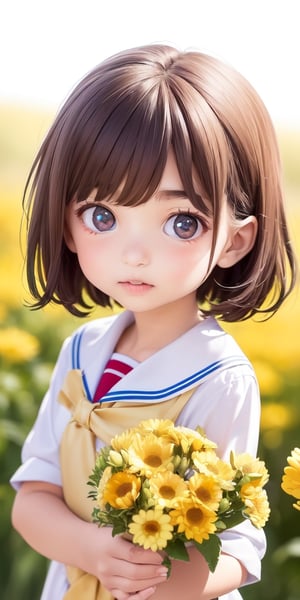 ((6year old girl:1.5)), ((Portrait)),1girl, loli, petite girl,  whole body, children's body, beautiful shining body, bangs,((darkbrown hair:1.3)),high eyes,(aquamarine eyes), petite,tall eyes, beautiful girl with fine details, ((Beautiful and delicate eyes,Beautiful eyes:1.4)), detailed face, natural light,((realism: 1.2 )), dynamic far view shot,cinematic lighting, perfect composition, by sumic.mic, ultra detailed, official art, masterpiece, (best quality:1.3), reflections, extremely detailed cg unity 8k wallpaper, detailed background, masterpiece, best quality , (masterpiece), (best quality:1.4), (ultra highres:1.2), (hyperrealistic:1.4), (photorealistic:1.2), best quality, high quality, highres, detail enhancement, ((very short hair:1.4)),
((tareme,animated eyes, big eyes,droopy eyes:1.2)),((random expression)),,random Angle,((school uniform:1.4)),((thick eyebrows:1.1)),perfect,((manga like visual)),((little girl with a bouquet of flowers:1.4)),perfect light