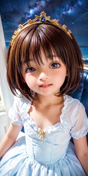 ((9year old girl:1.4)),1girl, beautiful shining body, bangs,((brown hair:1.3)),high eyes,(blue eyes), petite,tall eyes, beautiful girl with fine details, Beautiful and delicate eyes, detailed face, Beautiful eyes,((golden tiara with sapphire decoration)),((light blue gothic lolita ball gown:1.4)),((long skirt:1.4)),(( white neck ruffle, white frill)),((white tights)), blue shoes, ((white gloves with gold decoration)), natural light,((realism: 1.2 )), dynamic far view shot,cinematic lighting, perfect composition, by sumic.mic, ultra detailed, official art, masterpiece, (best quality:1.3), reflections, extremely detailed cg unity 8k wallpaper, detailed background, masterpiece, best quality , (masterpiece), (best quality:1.4), (ultra highres:1.2), (hyperrealistic:1.4), (photorealistic:1.2), best quality, high quality, highres, (short hair:1.4)),((tareme,animated eyes, big eyes,droopy eyes:1.2)),((Night sky, Milky Way, starry sky:1.4)),Upper Body,((Happiness, smile:1.2)),perfect,hand,animemia,outdoor,,((from above:1.4))