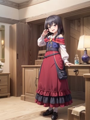 ((12 year old girl: 1.5)), black hair, short hair, perfect anatomy, girl, random pose, random angle, cabin room, lamp, beautiful glass bottle with liquid on the desk, embroidery, ((Long dress: 1.4 )), National costume, Beautiful girl, Only daughter, Petite girl, Finest, Masterpiece, (Reality 1.2)), Petite, Bangs, (Dark eyes), Bangs, Beautiful girl with attention to detail , Beautiful girl with beautiful delicate eyes, detailed face, beautiful eyes, shining beautiful body, 8K image, ((portrait: 1.2)), Real, Kaoru, ((firm V-shaped eyebrows: 1.2)), (( Smile:1.1)), whole body, brown shoes