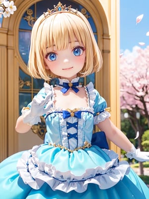 ((12year old girl:1.5)),1girl, loli, petite girl, Portrait, children's body, beautiful shining body, bangs,((blonde hair:1.3)),high eyes,(blue eyes), petite,tall eyes, beautiful girl with fine details, Beautiful and delicate eyes, detailed face, Beautiful eyes,((golden tiara with sapphire decoration)),((light blue gothic lolita ball gown:1.4)),((long skirt:1.7)),(( white neck ruffle, white frill)),((white tights)), blue shoes, ((white gloves with gold decoration)), natural light,((realism: 1.2 )), dynamic far view shot,cinematic lighting, perfect composition, by sumic.mic, ultra detailed, official art, masterpiece, (best quality:1.3), reflections, extremely detailed cg unity 8k wallpaper, detailed background, masterpiece, best quality , (masterpiece), (best quality:1.4), (ultra highres:1.2), (hyperrealistic:1.4), (photorealistic:1.2), best quality, high quality, highres, (short hair:1.4)),((tareme,animated eyes, big eyes,droopy eyes:1.2)),((cherry tree,cherry blossoms1.4)),((tsurime,v-shaped eyebrows,smirk:1.2)),(Cherry blossom background in full bloom:1.4)),perfect,hand,((Tearmoon Empire Story)),animemia,outdoor