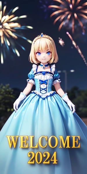 ((12year old girl:1.5)),1girl, loli, petite girl, Portrait, children's body, beautiful shining body, bangs,((blonde hair:1.3)),high eyes,(blue eyes), petite,tall eyes, beautiful girl with fine details, Beautiful and delicate eyes, detailed face, Beautiful eyes,((golden tiara with sapphire decoration)),((light blue gothic lolita ball gown:1.4)),((long skirt:1.7)),(( white neck ruffle, white frill)),((white tights)), blue shoes, ((white gloves with gold decoration)), natural light,((realism: 1.2 )), dynamic far view shot,cinematic lighting, perfect composition, by sumic.mic, ultra detailed, official art, masterpiece, (best quality:1.3), reflections, extremely detailed cg unity 8k wallpaper, detailed background, masterpiece, best quality , (masterpiece), (best quality:1.4), (ultra highres:1.2), (hyperrealistic:1.4), (photorealistic:1.2), best quality, high quality, highres, (short hair:1.4)),((tareme,animated eyes, big eyes,droopy eyes:1.2)),((tsurime,v-shaped eyebrows,smirk:1.2)),perfect,hand,animemia,outdoor,((Fireworks:1.4))