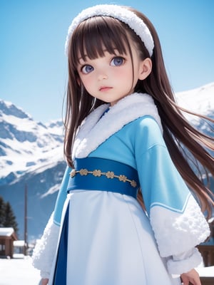 ((snowfield,snow scene)),(((wide Blue headband ))),(white fur ),bouncing hair,((Ainu folk costume:1.4)),(snow mountain blue sky:1.4),  black hair, pale white skin,((6year old girl:1.5)), 1 girl, loli, petite girl, complete anatomy, whole body, children's body, child, super cute, girl, little girl, beautiful girl, beautiful shining body, bangs,brown hair,high eyes,(aquamarine eyes), drooping eyes, petite,tall eyes, beautiful girl with fine details, Beautiful and delicate eyes, detailed face, Beautiful eyes, beautiful shining body,  Whole body angle, Alps,  outdoor, natural light,((realism: 1.2)), dynamic far view shot,cinematic lighting, perfect composition, by sumic.mic, ultra detailed, official art, masterpiece, (best quality:1.3), reflections, extremely detailed cg unity 8k wallpaper, detailed background, masterpiece, best quality, (masterpiece), (best quality:1.4), (ultra highres:1.2), (hyperrealistic:1.4), (photorealistic:1.2), best quality, high quality, highres, detail enhancement,