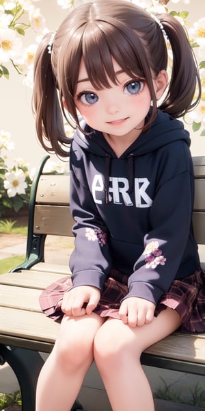 ((6year old girl:1.5)),1girl,whole body, beautiful shining body, bangs,((brown　hair:1.3)),high eyes,(aquamarine eyes),tall eyes, beautiful girl with fine details, Beautiful and delicate eyes, detailed face, Beautiful eyes,natural light,((realism: 1.2 )), dynamic far view shot,cinematic lighting, perfect composition, by sumic.mic, ultra detailed, official art, masterpiece, (best quality:1.3), reflections, extremely detailed cg unity 8k wallpaper, detailed background, masterpiece, best quality , (masterpiece), (best quality:1.4), (ultra highres:1.2), (hyperrealistic:1.4), (photorealistic:1.2), best quality, high quality, highres, detail enhancement,
((twin tails hair)),((bright lighting:1.3)),((tareme,animated eyes, big eyes,droopy eyes:1.2)),((smile expression:1.4)),((hoodie,skirt:1.4)),perfect,hand,More Detail,((Floral background: 1.4)),Realism,((on park bench:1.4)),((random angle: 1.4)),