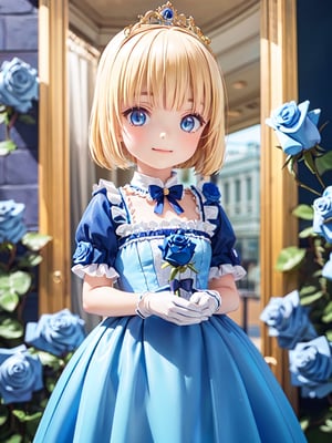 ((12year old girl:1.5)),1girl, loli, petite girl, Portrait, children's body, beautiful shining body, bangs,((blonde hair:1.3)),high eyes,(blue eyes), petite,tall eyes, beautiful girl with fine details, Beautiful and delicate eyes, detailed face, Beautiful eyes,((golden tiara with sapphire decoration)),((light blue gothic lolita ball gown:1.4)),((long skirt:1.7)),(( white neck ruffle, white frill)),((white tights)), blue shoes, ((white gloves with gold decoration)), natural light,((realism: 1.2 )), dynamic far view shot,cinematic lighting, perfect composition, by sumic.mic, ultra detailed, official art, masterpiece, (best quality:1.3), reflections, extremely detailed cg unity 8k wallpaper, detailed background, masterpiece, best quality , (masterpiece), (best quality:1.4), (ultra highres:1.2), (hyperrealistic:1.4), (photorealistic:1.2), best quality, high quality, highres, (short hair:1.4)),((tareme,animated eyes, big eyes,droopy eyes:1.2)),((cherry tree,cherry blossoms1.4)),((tsurime,v-shaped eyebrows,smirk:1.2)),,perfect,hand,animemia,outdoor,((Detailed rose, rose background, blue rose: 1.4)),masterpiece