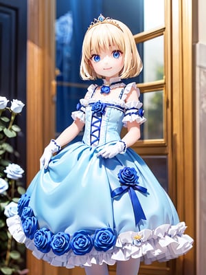 ((12year old girl:1.5)),1girl, loli, petite girl, Portrait, children's body, beautiful shining body, bangs,((blonde hair:1.3)),high eyes,(blue eyes), petite,tall eyes, beautiful girl with fine details, Beautiful and delicate eyes, detailed face, Beautiful eyes,((golden tiara with sapphire decoration)),((light blue gothic lolita ball gown:1.4)),((long skirt:1.7)),(( white neck ruffle, white frill)),((white tights)), blue shoes, ((white gloves with gold decoration)), natural light,((realism: 1.2 )), dynamic far view shot,cinematic lighting, perfect composition, by sumic.mic, ultra detailed, official art, masterpiece, (best quality:1.3), reflections, extremely detailed cg unity 8k wallpaper, detailed background, masterpiece, best quality , (masterpiece), (best quality:1.4), (ultra highres:1.2), (hyperrealistic:1.4), (photorealistic:1.2), best quality, high quality, highres, (short hair:1.4)),((tareme,animated eyes, big eyes,droopy eyes:1.2)),((cherry tree,cherry blossoms1.4)),((tsurime,v-shaped eyebrows,smirk:1.2)),,perfect,hand,animemia,outdoor,((Detailed rose, rose background, blue rose: 1.4))
