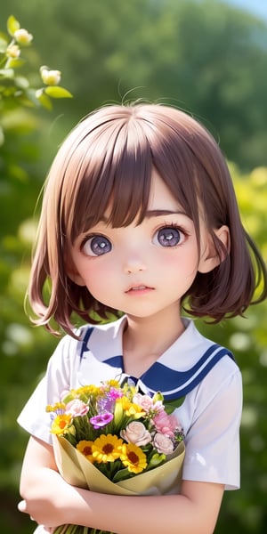 ((6year old girl:1.5)), ((Portrait)),1girl, loli, petite girl,  whole body, children's body, beautiful shining body, bangs,((darkbrown hair:1.3)),high eyes,(aquamarine eyes), petite,tall eyes, beautiful girl with fine details, ((Beautiful and delicate eyes,Beautiful eyes:1.4)), detailed face, natural light,((realism: 1.2 )), dynamic far view shot,cinematic lighting, perfect composition, by sumic.mic, ultra detailed, official art, masterpiece, (best quality:1.3), reflections, extremely detailed cg unity 8k wallpaper, detailed background, masterpiece, best quality , (masterpiece), (best quality:1.4), (ultra highres:1.2), (hyperrealistic:1.4), (photorealistic:1.2), best quality, high quality, highres, detail enhancement, ((very short hair:1.4)),
((tareme,animated eyes, big eyes,droopy eyes:1.2)),((random expression)),,random Angle,((school uniform:1.4)),((thick eyebrows:1.1)),perfect,((manga like visual)),((little girl with a bouquet of flowers:1.4)),perfect light