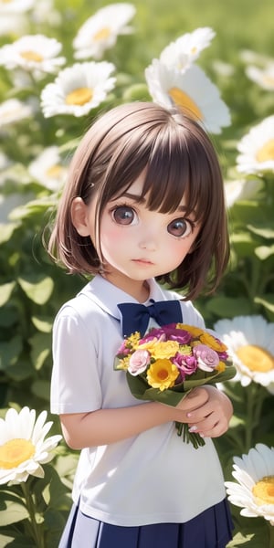 ((6year old girl:1.5)), ((Portrait)),1girl, loli, petite girl,  whole body, children's body, beautiful shining body, bangs,((darkbrown hair:1.3)),high eyes,(aquamarine eyes), petite,tall eyes, beautiful girl with fine details, ((Beautiful and delicate eyes,Beautiful eyes:1.4)), detailed face, natural light,((realism: 1.2 )), dynamic far view shot,cinematic lighting, perfect composition, by sumic.mic, ultra detailed, official art, masterpiece, (best quality:1.3), reflections, extremely detailed cg unity 8k wallpaper, detailed background, masterpiece, best quality , (masterpiece), (best quality:1.4), (ultra highres:1.2), (hyperrealistic:1.4), (photorealistic:1.2), best quality, high quality, highres, detail enhancement, ((very short hair:1.4)),
((tareme,animated eyes, big eyes,droopy eyes:1.2)),((random expression)),,random Angle,((school uniform:1.4)),((thick eyebrows:1.1)),perfect,((manga like visual)),((little girl with a bouquet of flowers:1.4)),perfect light