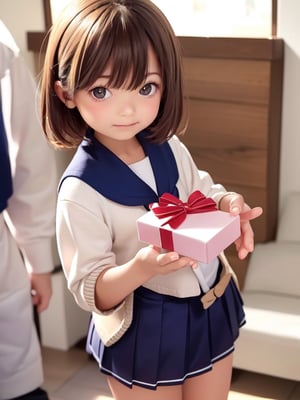 ((6year old girl:1.5)), ((solo,1girl:1.4)),
loli, petite girl,  whole body, children's body, beautiful shining body, bangs,((brown hair:1.3)),high eyes,(brown eyes), petite,tall eyes, beautiful girl with fine details, Beautiful and delicate eyes, detailed face, Beautiful eyes,natural light,((realism: 1.2 )), dynamic far view shot,cinematic lighting, perfect composition, by sumic.mic, ultra detailed, official art, masterpiece, (best quality:1.3), reflections, extremely detailed cg unity 8k wallpaper, detailed background, masterpiece, best quality , (masterpiece), (best quality:1.4), (ultra highres:1.2), (hyperrealistic:1.4), (photorealistic:1.2), best quality, high quality, highres, detail enhancement,cute pussy, nsfw,((very short hair:1.4)),((holding gifts:1.4)),
((tareme,animated eyes, big eyes,droopy eyes:1.2)),Random poses,((embarrassed expression)),(( cardigan,school uniform, sailor uniform, navy pleated skirt:1.4)),Realism,school uniform