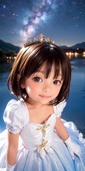 ((9year old girl:1.4)),1girl, beautiful shining body, bangs,((brown hair:1.3)),high eyes,(blue eyes), petite,tall eyes, beautiful girl with fine details, Beautiful and delicate eyes, detailed face, Beautiful eyes,((golden tiara with sapphire decoration)),((light blue gothic lolita ball gown:1.4)),((long skirt:1.4)),(( white neck ruffle, white frill)),((white tights)), blue shoes, ((white gloves with gold decoration)), natural light,((realism: 1.2 )), dynamic far view shot,cinematic lighting, perfect composition, by sumic.mic, ultra detailed, official art, masterpiece, (best quality:1.3), reflections, extremely detailed cg unity 8k wallpaper, detailed background, masterpiece, best quality , (masterpiece), (best quality:1.4), (ultra highres:1.2), (hyperrealistic:1.4), (photorealistic:1.2), best quality, high quality, highres, (short hair:1.4)),((tareme,animated eyes, big eyes,droopy eyes:1.2)),((Night sky, Milky Way, starry sky:1.4)),Upper Body,((Happiness, smile:1.2)),perfect,hand,animemia,outdoor,,((from above:1.4))